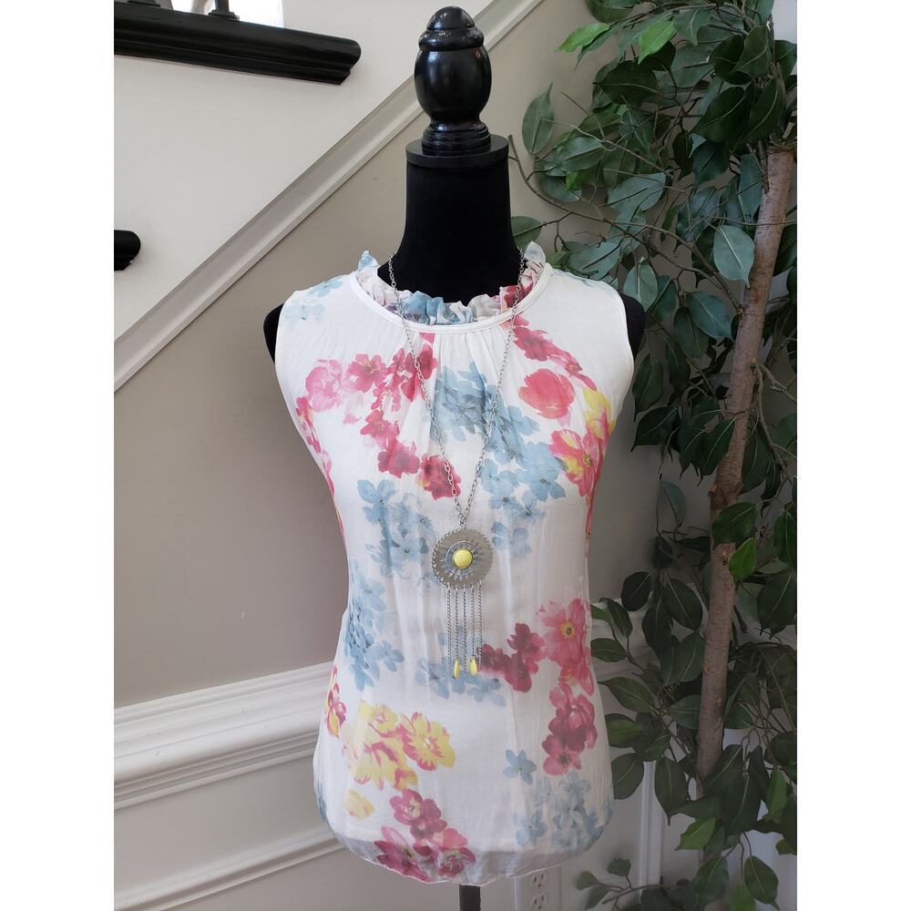 Elena Baldi Silk Blouse Top Womens Medium Multi Floral Sheer Ruffle Detail Neck